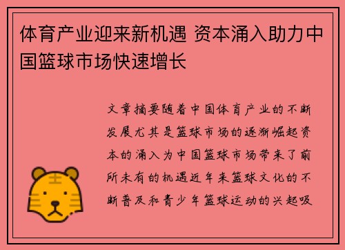 体育产业迎来新机遇 资本涌入助力中国篮球市场快速增长