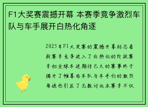 F1大奖赛震撼开幕 本赛季竞争激烈车队与车手展开白热化角逐